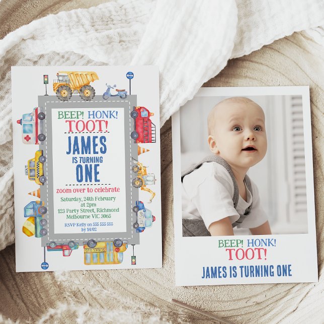 Invitation Photo Boys Road Transport 1er anniversaire (Cute transport themed boy's first birthday invitation featuring various vehicles and photo on back.)