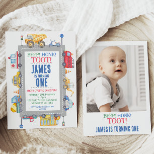 Invitation Photo Boys Road Transport 1er anniversaire