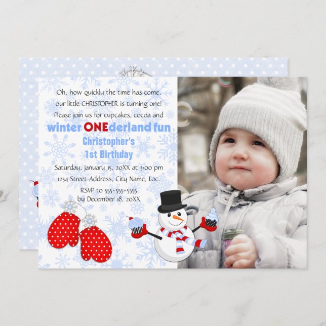 Invitation Photo Boy's Winter ONEderland Anniversaire Party (Devant / Derrière)