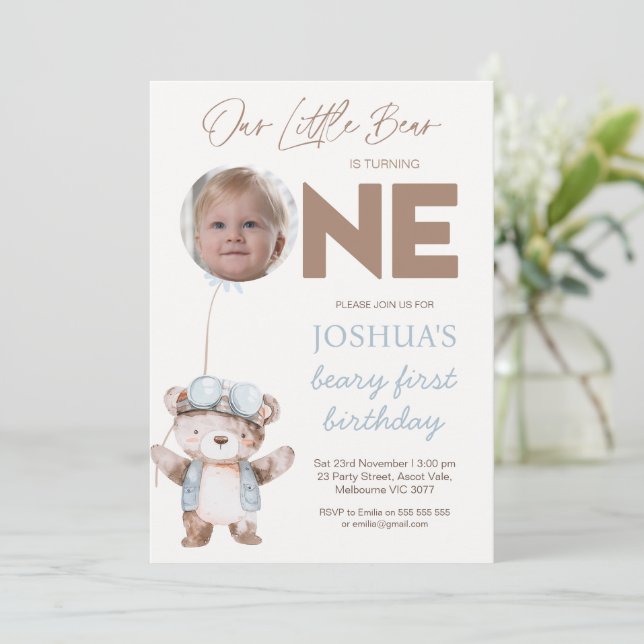 Invitation Photo Brown Beary First Birthday Bear Birthday (Debout devant)