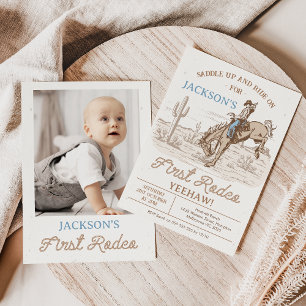 Invitation Photo Brown vintage Cowboy Rodeo 1er anniversaire