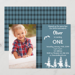Invitation Photo bûcherjack 1er anniversaire fête bleu garçon