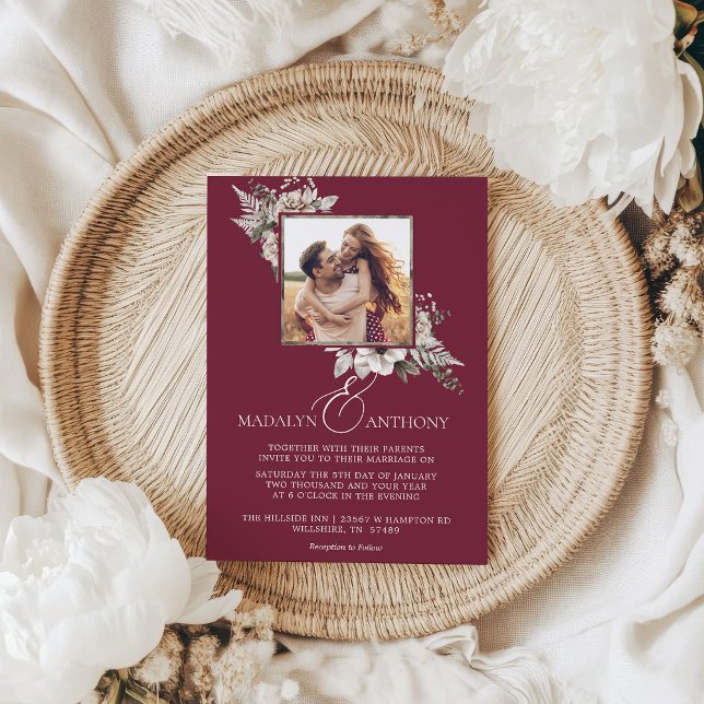 Invitation Photo Burgundy Boho Floral Watercolor Mariage (Photo Burgundy Boho Floral Watercolor Wedding Invitation)
