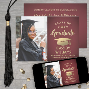 Invitation Photo Burgundy et Gold Elegant Graduation moderne
