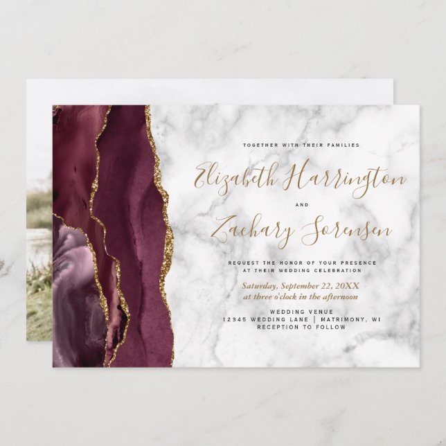 Invitation Photo Burgundy Gold Agate Mariage en marbre (Devant / Derrière)