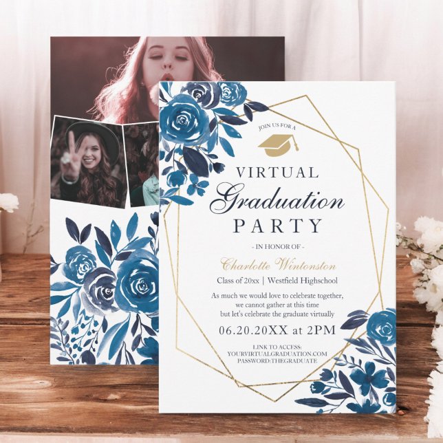 Invitation Photo cadre or floral marine photos virtuel Gradua (Navy floral gold frame photos virtual Graduation Invitation)