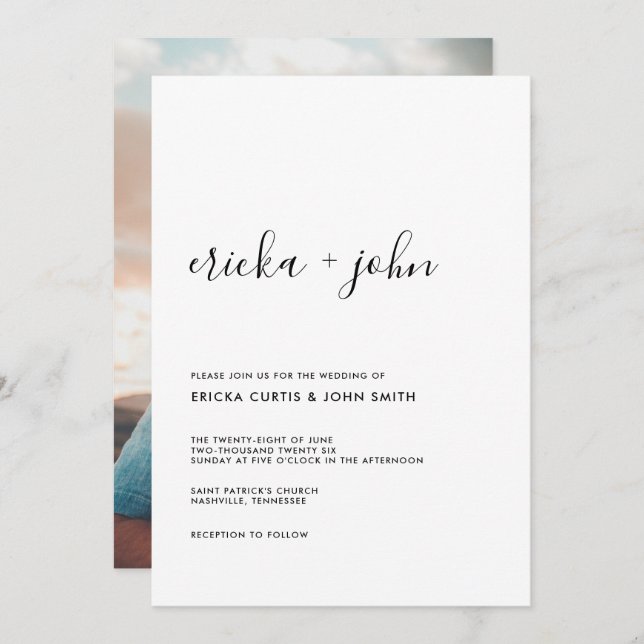 Invitation Photo calligraphie minimaliste moderne (Devant / Derrière)