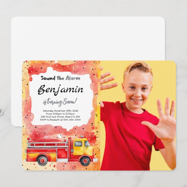 Invitation Photo camion de pompiers 7e anniversaire (Devant / Derrière)