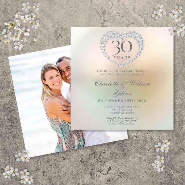 Invitation Photo carré du 30e anniversaire de mariage Perle C (30th Wedding Anniversary Photo Square Pearl Heart Invitation)