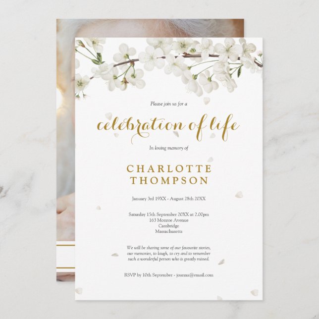 Invitation Photo Célébration de la vie Fleur de fleurs blanch (Devant / Derrière)