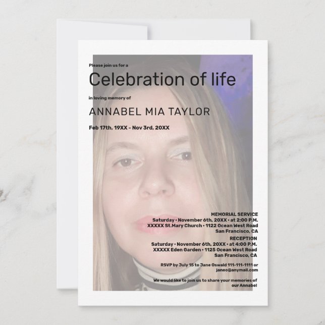 Invitation Photo Célébration de la vie Obsèques Mémorial (Devant)