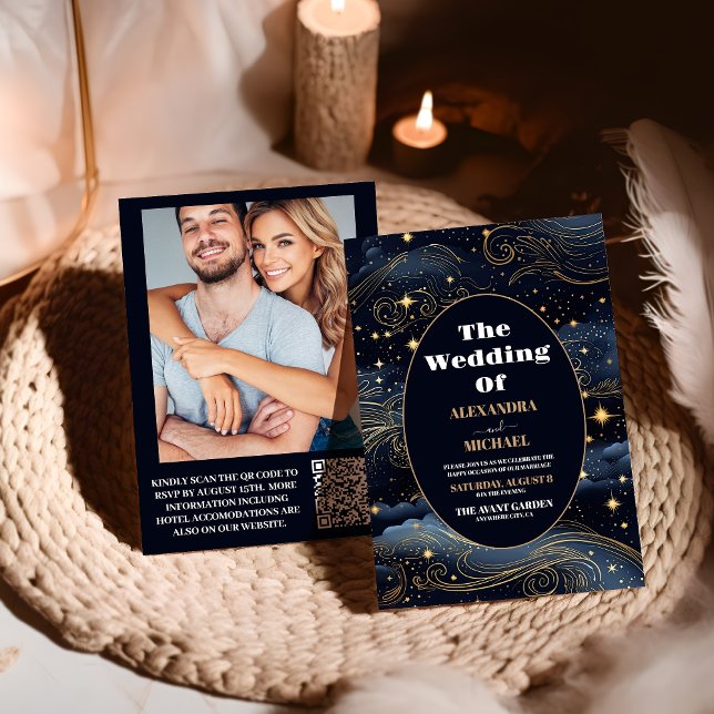 Invitation Photo Céleste Nuit Bleue Étoiles Lune Mariage (Créateur téléchargé)
