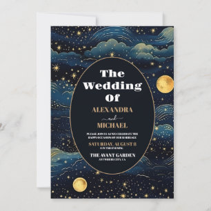 Invitation Photo Celestial Midnight Blue Stars Moon Mariage
