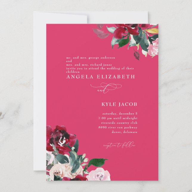Invitation Photo Cerise Élégant Mariage (Devant)