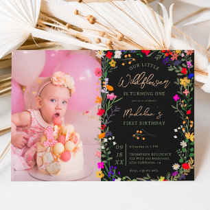 Invitation Photo chic boho bright wild flowers 1st birthday