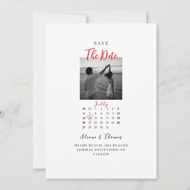 Invitation Photo chic calendrier noir et blanc save the date (Devant)