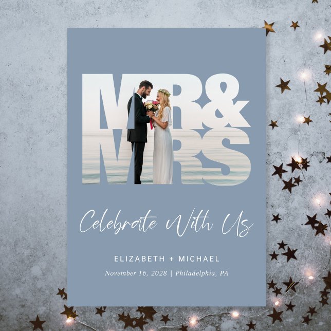 Invitation Photo Chic Dusty Blue Wedding Réception (A chic wedding reception invitation to set the tone for an unforgettable event)