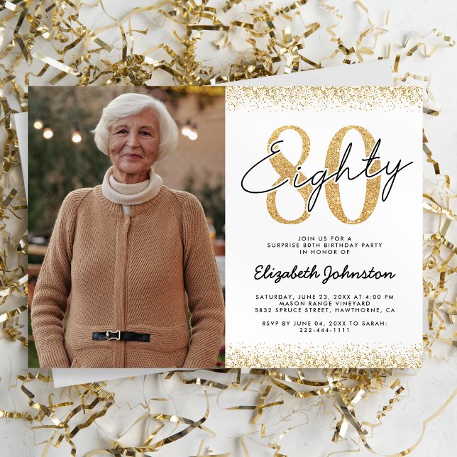 Invitation photo chic en or blanc pour 80e anniver (Créateur téléchargé)