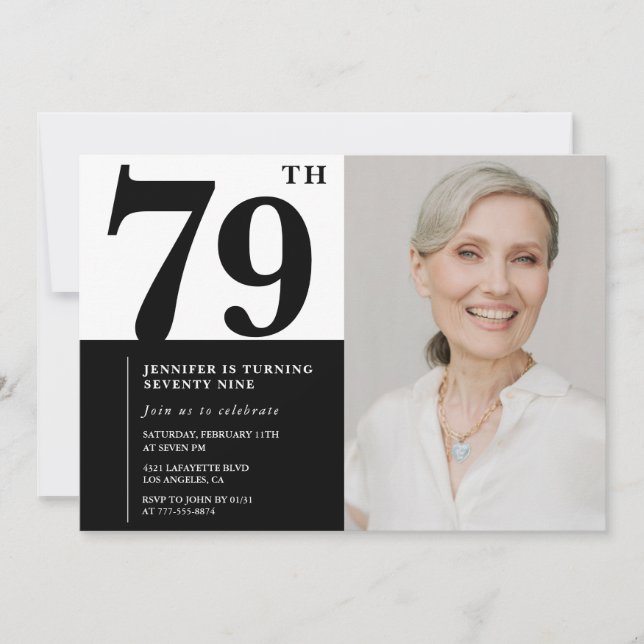 Invitation Photo chic noir blanc 79e anniversaire (Devant)
