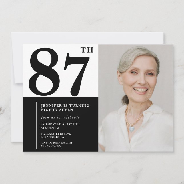 Invitation Photo chic noir blanc 87e anniversaire (Devant)