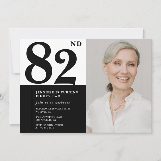 Invitation Photo chic noir et blanc 82e anniversaire (Devant)