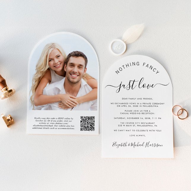 Invitation Photo Chic QR Code Arch Mariage Réception (Celebrate your love story with a chic arch-shaped elopement announcement and reception invitation)