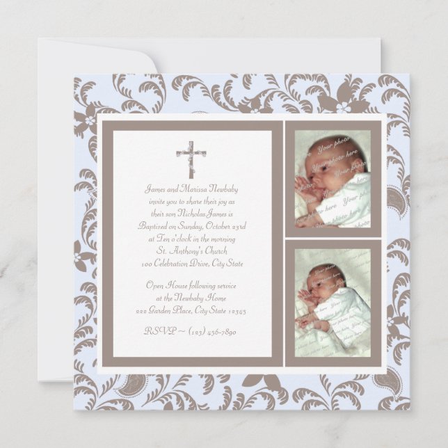 Invitation Photo Christening Soft Blue et Brown Paisley (Devant)