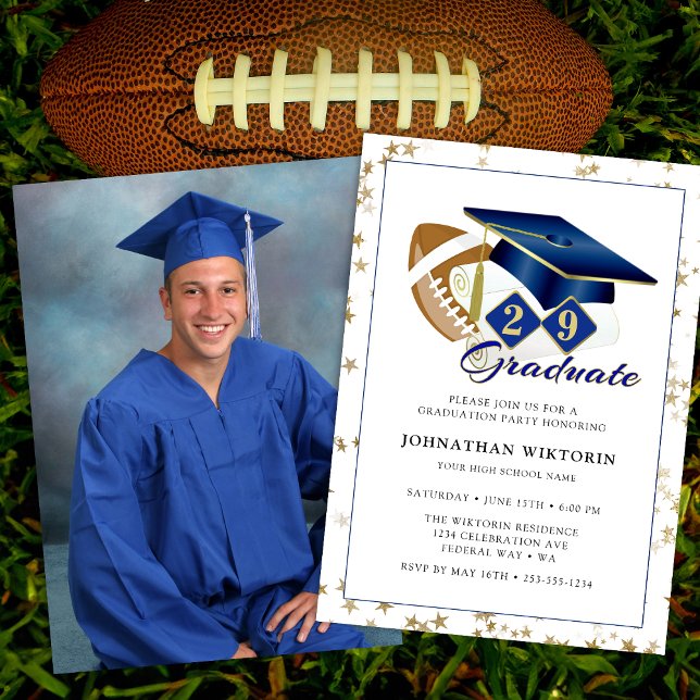 Invitation Photo Classic Graduation Cap Blue Gold Football (Classic Graduation Cap Blue Gold Football Photo Invitation)