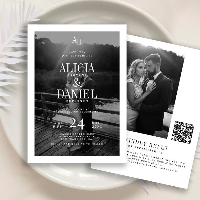 Invitation Photo classique code QR noir et blanc RSVP mariage (Créateur téléchargé)