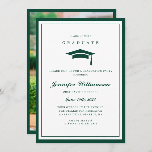Invitation Photo classique de Graduation de Script Vert & Bla (Devant / Derrière)