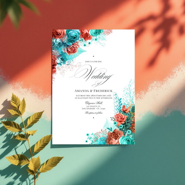 Invitation Photo classique de Mariage de fleurs turquoise et  (Classic Turquoise and Coral Floral Wedding Photo Invitation)