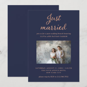 Invitation Photo Classique   Navy et Rose Gold Tout Juste Mar