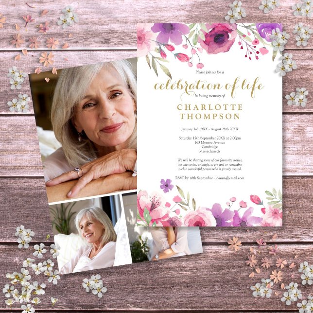 Invitation Photo Collage Célébration de la vie Funérailles fl (Photo Collage Celebration of Life Floral Funeral Invitation)