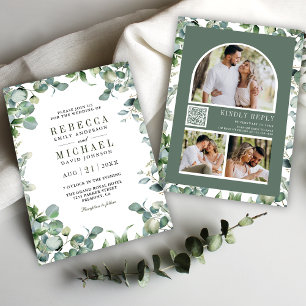 Invitation Photo Collage Eucalyptus moderne QR Code Mariage