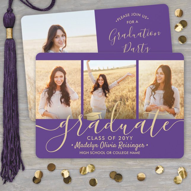 Invitation Photo Collage Purple et Gold Graduation Party (Créateur téléchargé)