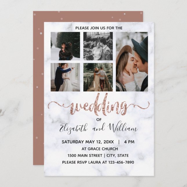 Invitation Photo Collage Rose Gold Parties scintillant Callig (Devant / Derrière)
