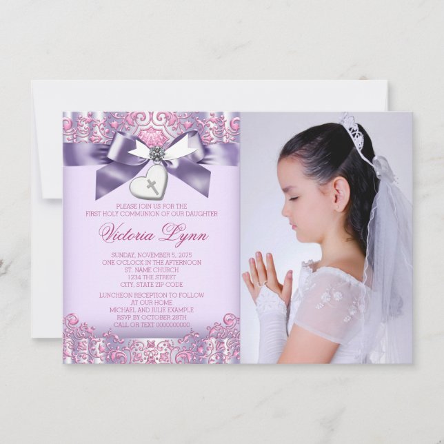 Invitation Photo Communion solennelle rose lavande (Devant)
