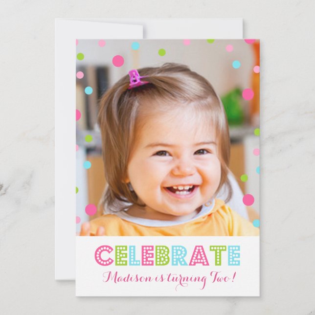 Invitation photo Confetti colorée 2e anniversaire (Devant)