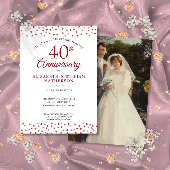 Invitation Photo Confettis Cœurs d'Amour Rubis 40e Anniversai (40th Anniversary Ruby Love Hearts Confetti Photo Invitation)
