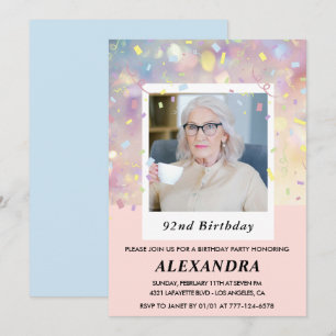 Invitation Photo Confettis roses 92e anniversaire