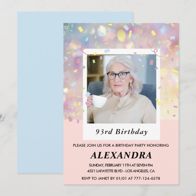 Invitation Photo Confettis roses 93e anniversaire (Devant / Derrière)
