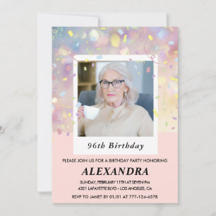 Invitation Photo Confettis roses modernes 96e anniversaire
