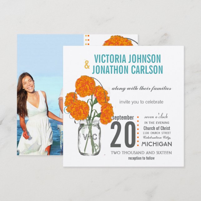 Invitation Photo Coral Turquoise Rustique Mason Jar Carnation (Devant / Derrière)