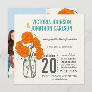 Invitation Photo Coral Turquoise Rustique Mason Jar Carnation