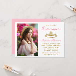 Invitation Photo Couronne or Elegant moderne Pink Quinceanera