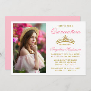 Invitation Photo Couronne or Elegant moderne Pink Quinceanera