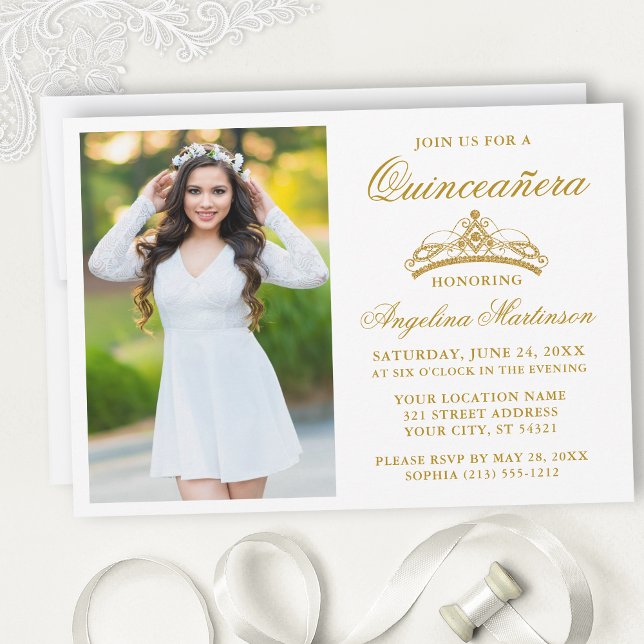 Invitation Photo Couronne or Elegant Moderne Quinceanera (Customize to change text size, style, color or to add text or more photos to back of card.)