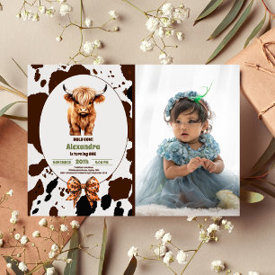 Invitation Photo Cow I'm One terracotta Plaid Birthday