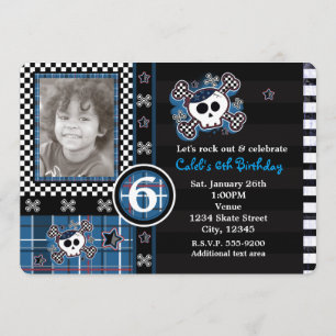 Invitation photo Crâne et Os à carreaux bleus