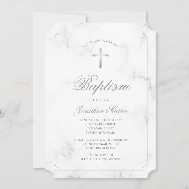 Invitation Photo croisée argentée de marbre blanche de garçon (Devant)